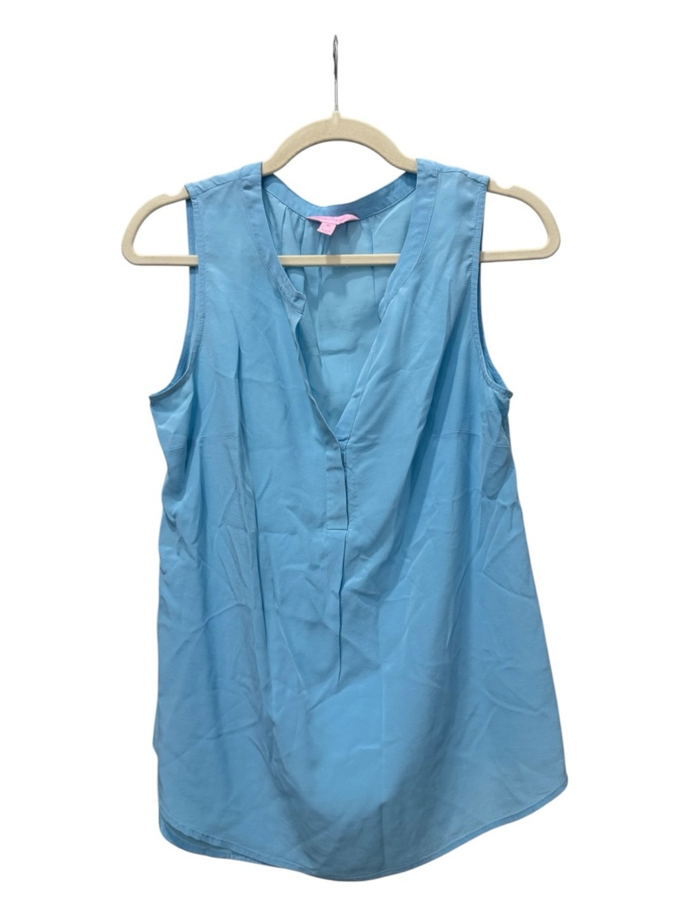 Lilly Pulitzer 100% Silk Sleeveless Blue Split Neck Blouse Top Medium
